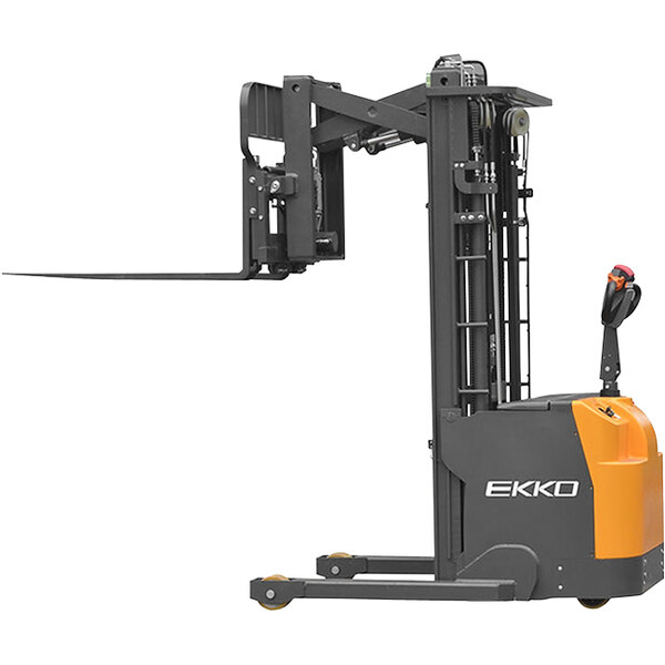 An EKKO electric reach truck with grey and orange parts.
