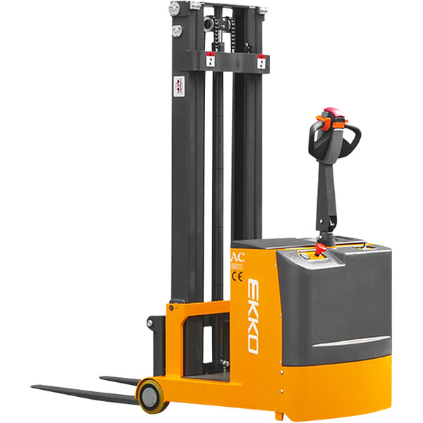 An EKKO forklift with a yellow handle and black wheels.