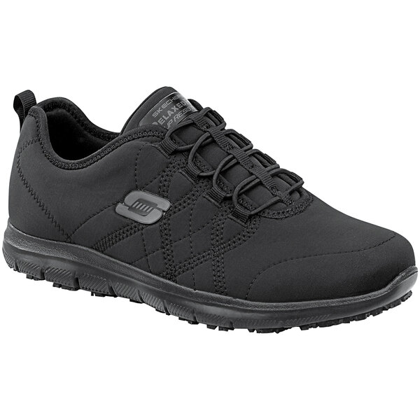 A black Skechers women's non-slip athletic shoe with a soft toe.
