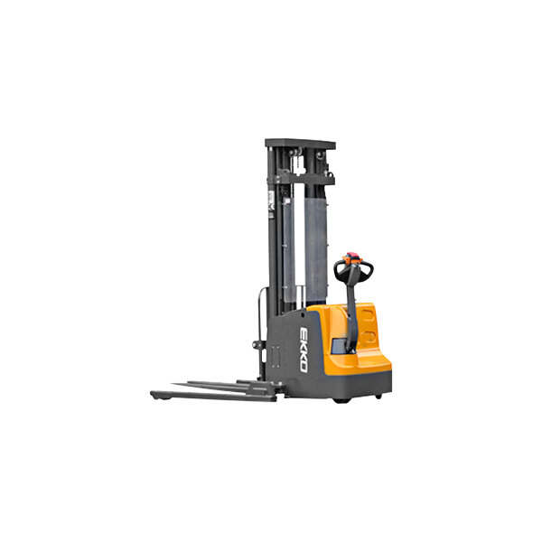An EKKO full electric powered straddle forklift with a yellow and black handle on a white background.