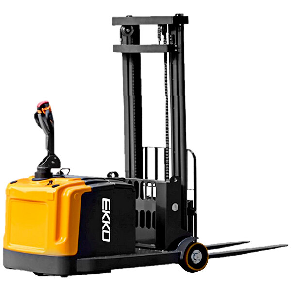 A white EKKO counterbalanced pallet lift with a yellow and black handle.