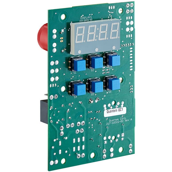An AccuTemp circuit board with blue buttons and a red knob.