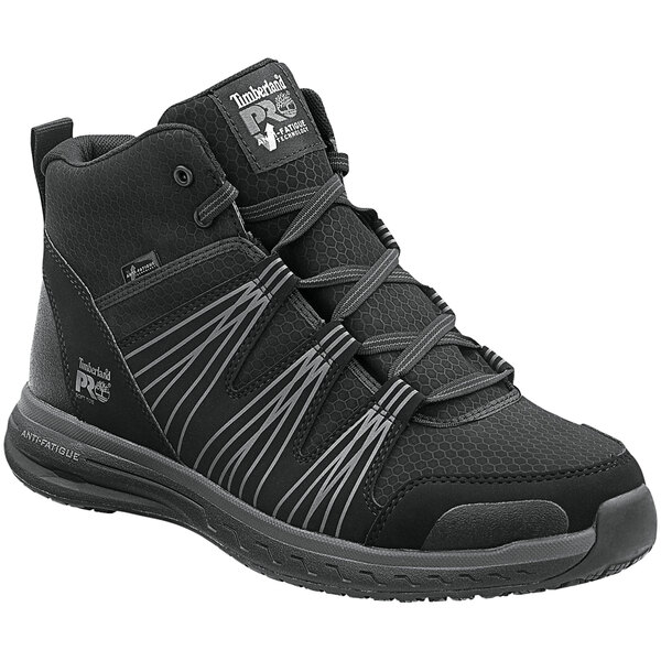 A black and grey Timberland PRO men's soft toe hiker boot.