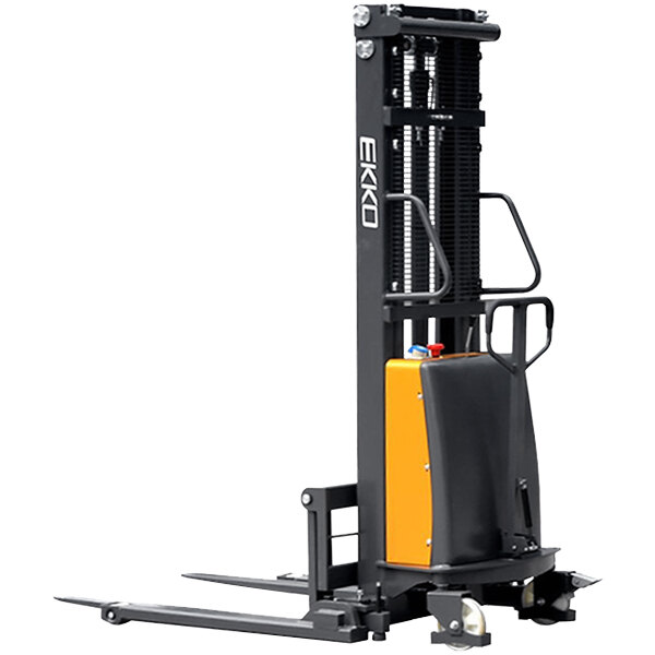 The black and yellow handle of an EKKO semi-electric straddle lift.