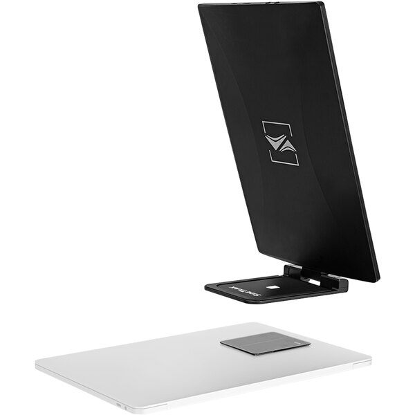 A black and white laptop with a Luxor SideTrak portable monitor attached.