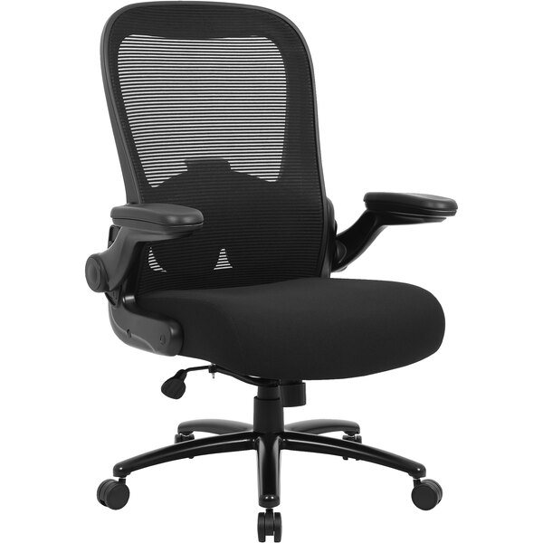 A Boss black office chair with a mesh back and arms.