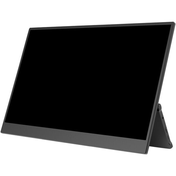 A black Luxor SideTrak Solo Touch Pro portable monitor screen on a stand on a white background.
