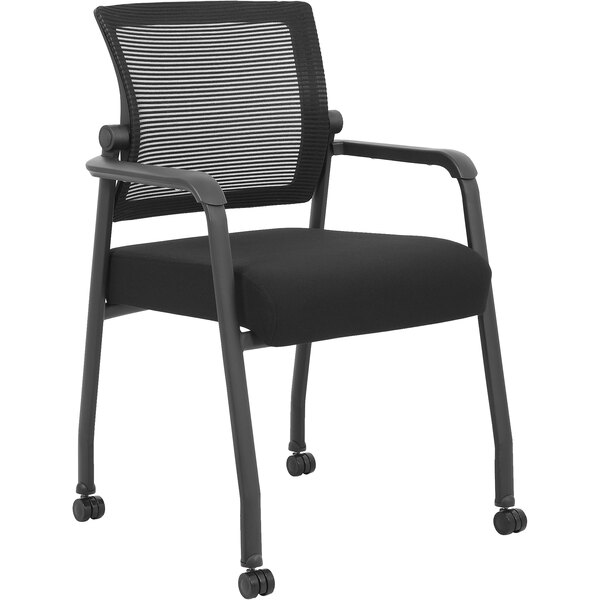 A black office chair with mesh back and casters.