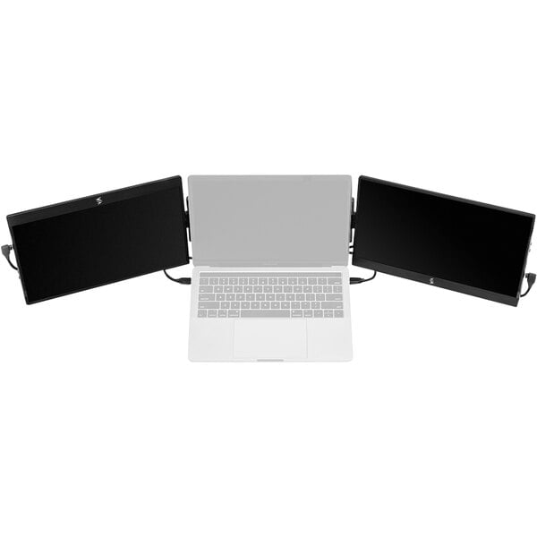 A laptop with a Luxor SideTrak Triple HD attachable portable monitor on the side.