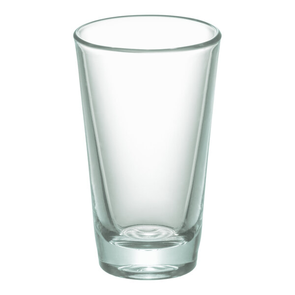 A clear, rim-tempered 14 oz. mixing glass.