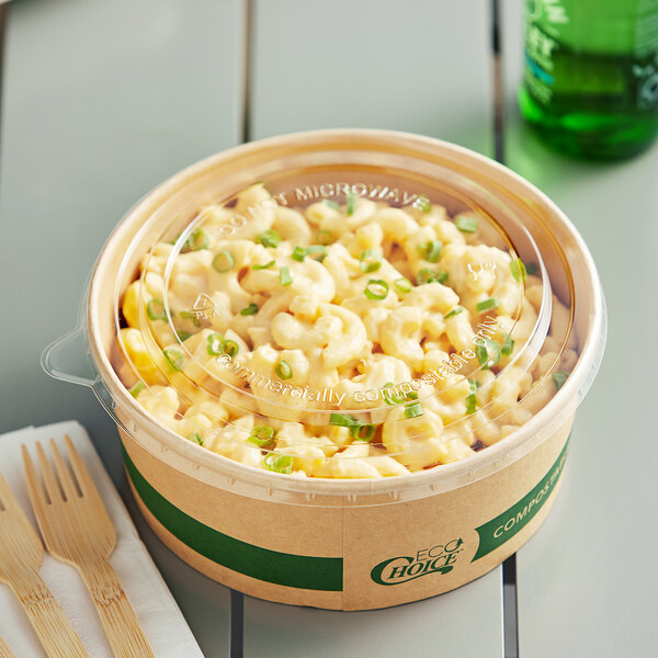 A round EcoChoice compostable take-out lid on a container of macaroni and cheese.