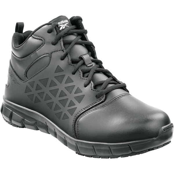 A black Reebok men's safety shoe with laces.