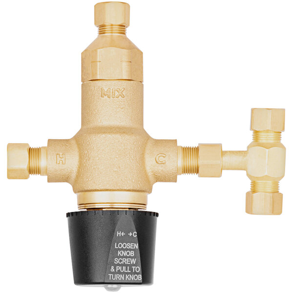 A T&S brass thermostatic mixing valve with cold bypass tee.