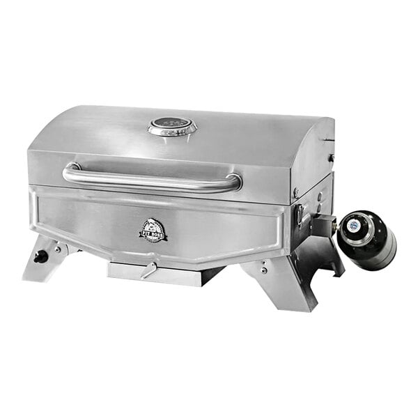 A stainless steel Pit Boss table top grill with a black lid.