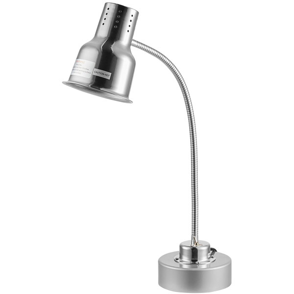 An Avantco stainless steel countertop heat lamp with a flexible arm and weighted base.