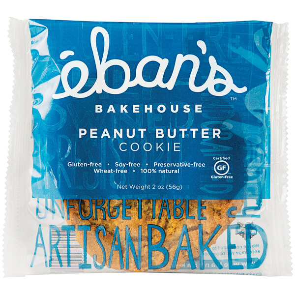 A package of Eban's Bakehouse Gluten-Free Individually Wrapped Peanut Butter Cookies on a table.