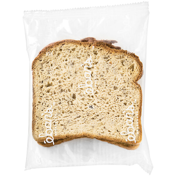 A plastic bag containing two slices of Eban's Bakehouse gluten-free sandwich bread.