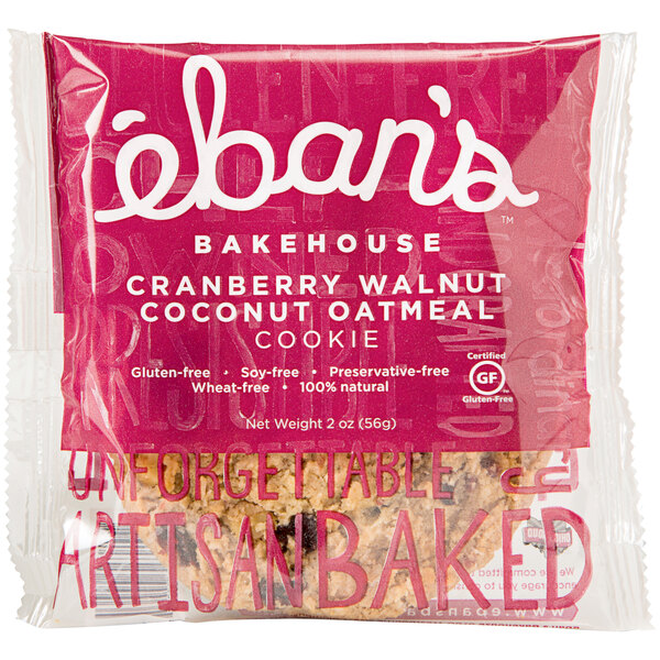A close-up of a pink Eban's Bakehouse bag of gluten-free coconut cranberry walnut oatmeal cookies.