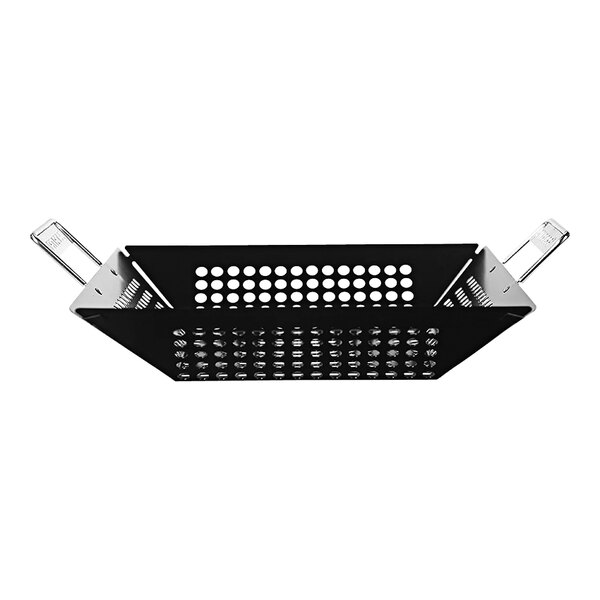 A black metal square wok with holes in it.
