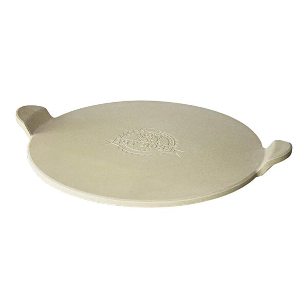 A white round Pit Boss ceramic pizza stone with handles.