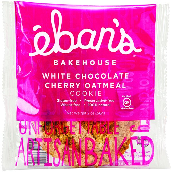A pink bag of Eban's white chocolate cherry oatmeal cookies.