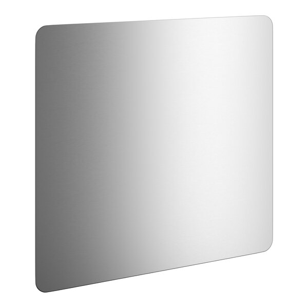 A rectangular metallic panel with rounded corners and a reflective surface.