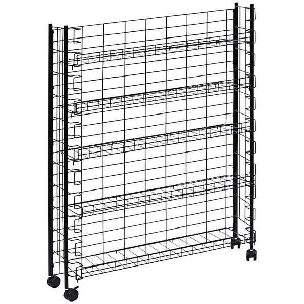 A black metal wire rack with wheels.