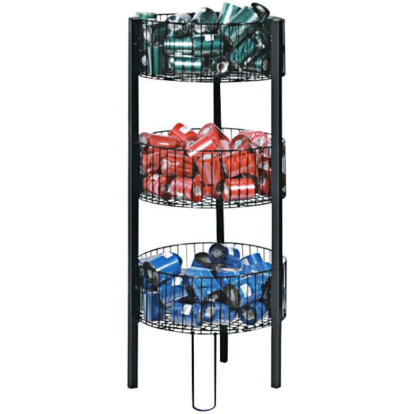 A 3-tier metal wire dump bin display with cans on shelves.