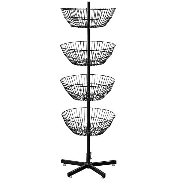 A 4-tier black wire basket display stand.