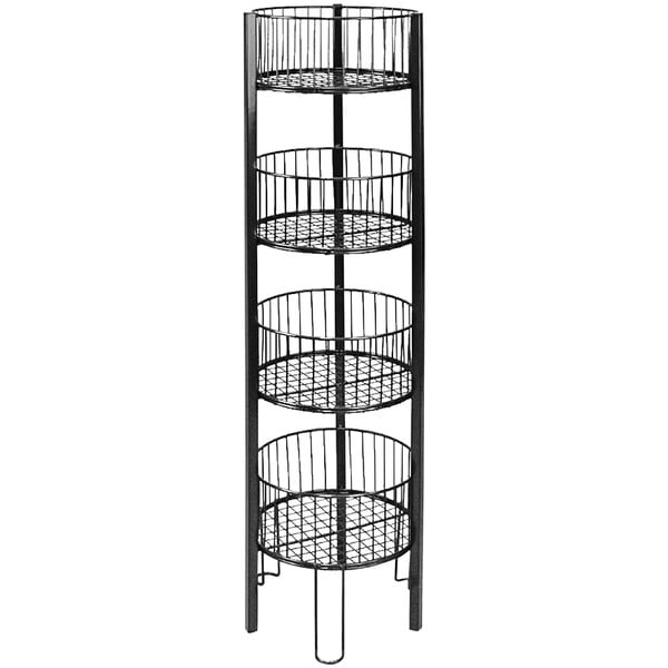 A black metal stand with round wire shelves.