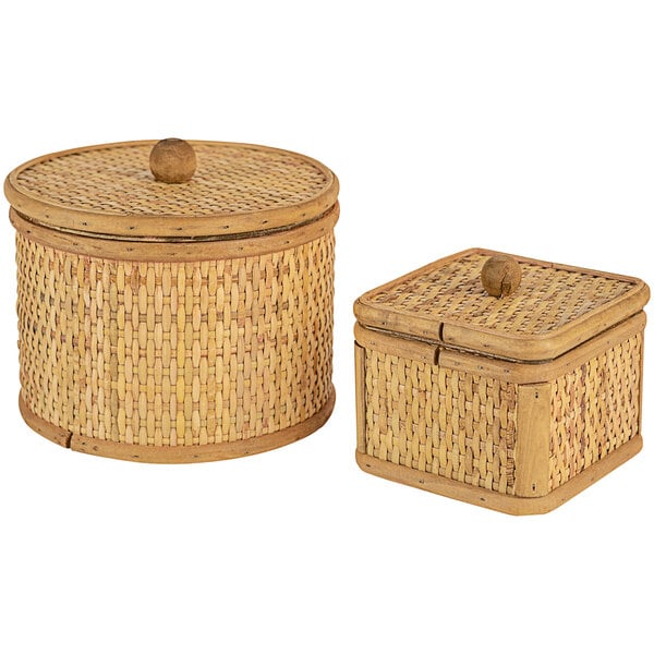 A pair of woven cane boxes with lids.