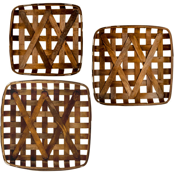 A Kalalou 3-piece brown woven split wood display basket set with a lattice design.