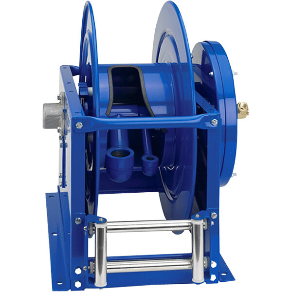 A blue Coxreels V Series hose reel with silver handles.