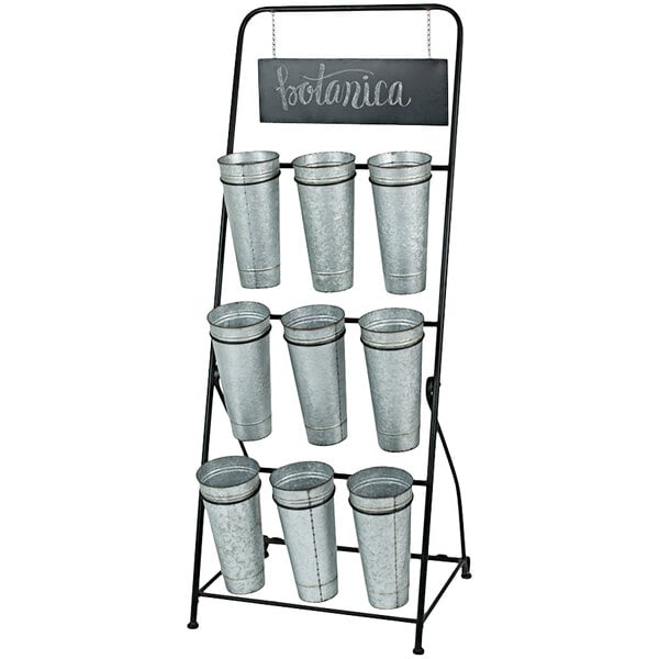 A Kalalou 3-tier flower rack with 9 galvanized metal buckets on a stand.