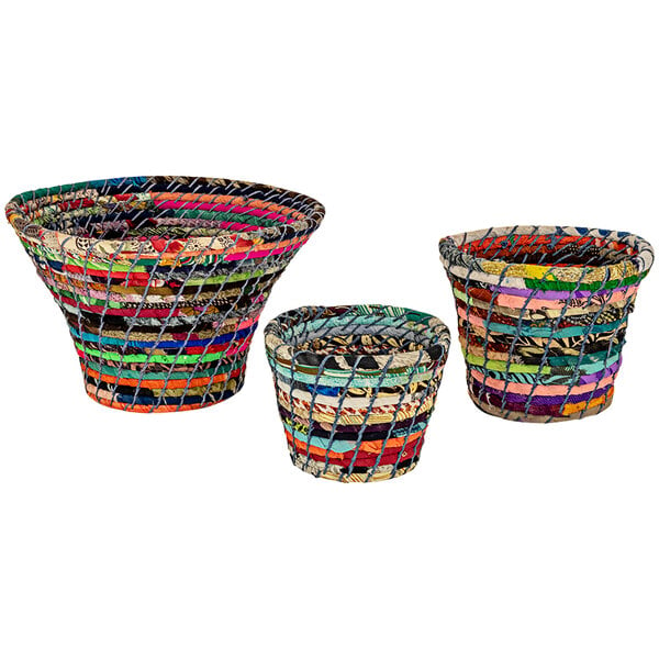A set of three Kalalou woven fabric display baskets with colorful designs.