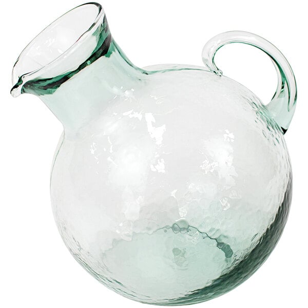 A Kalalou small-mouthed green glass pitcher with a handle.