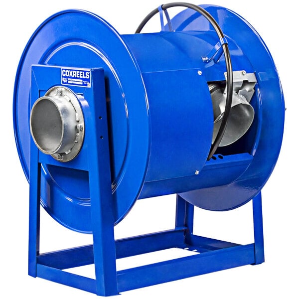 A blue Coxreels 300 Series exhaust extraction reel on a stand with a black hose.