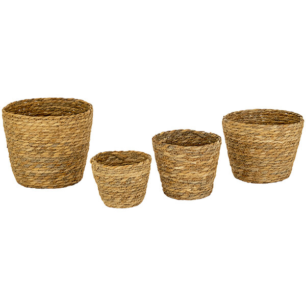 A Kalalou woven seagrass display basket set with a basket with braided edges and handles. Three small baskets are displayed.