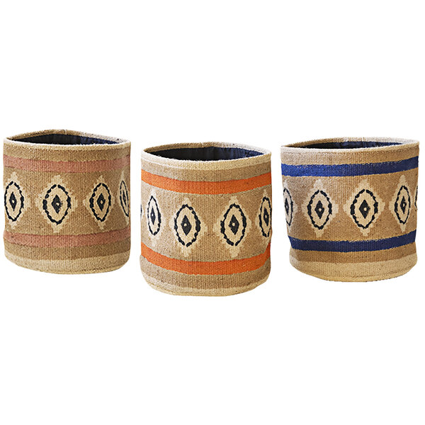 A group of three Kalalou woven jute display baskets with different designs.