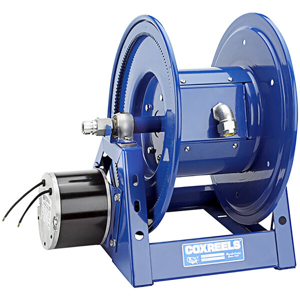 A blue Coxreels 1125PCL series power cord reel with a metal handle.