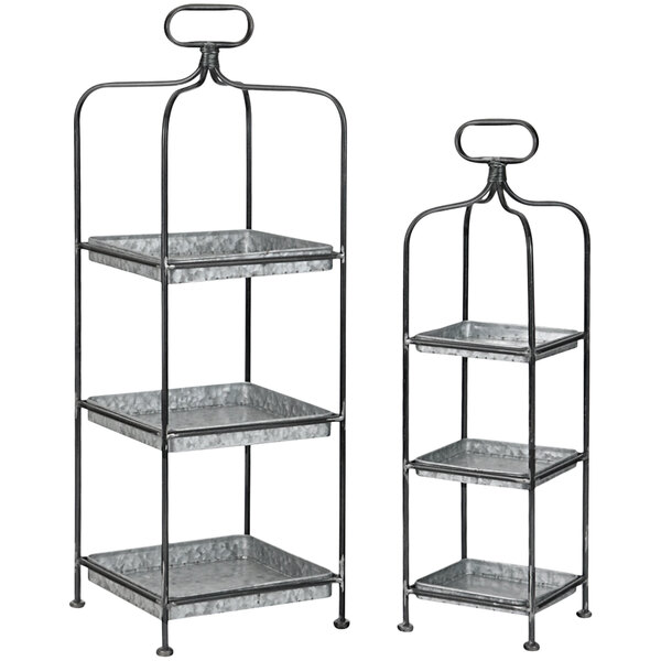 A metal 3-tiered display stand with 3 shelves.