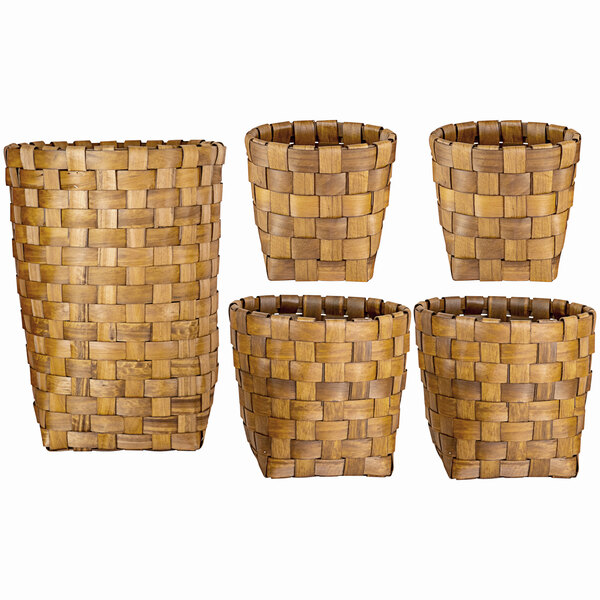 A group of Kalalou woven chipwood baskets on a white background.