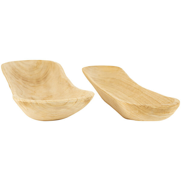 A pair of curved wooden bowls on a white background.