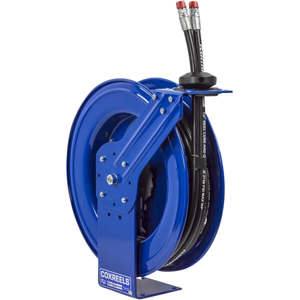 A blue Coxreels MPD Series hydraulic hose reel with black hoses and two red handles.