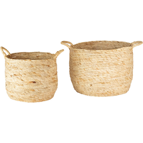 A set of two woven seagrass display baskets with handles.