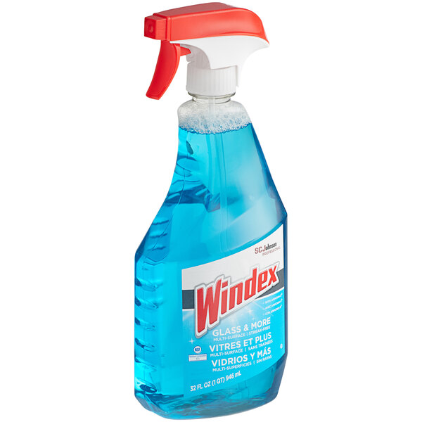 A blue plastic spray bottle of Windex glass cleaner with a white and red label.