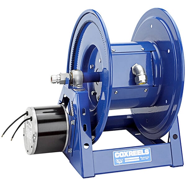 A blue Coxreels power cord reel with a black motor.