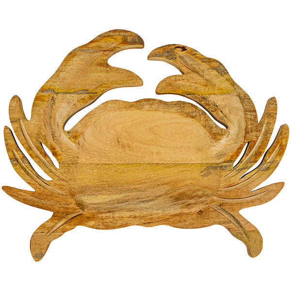 A wooden crab shaped tray with two claws.