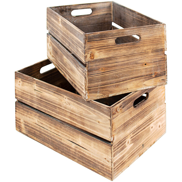 A stack of two slatted wooden crates with handles.