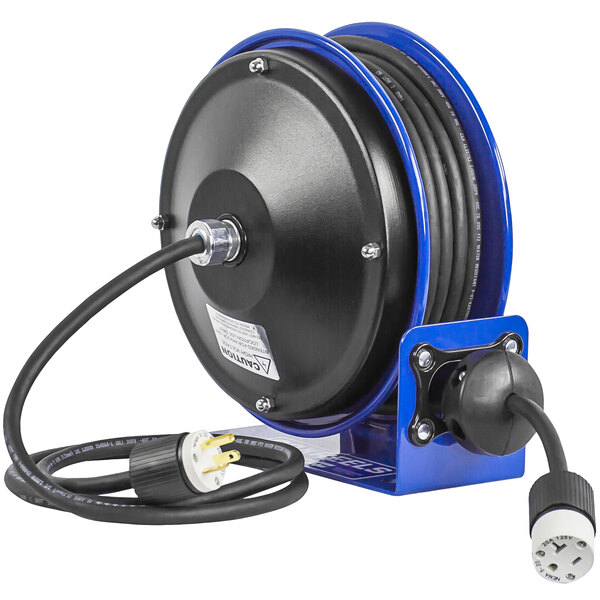 A blue and black Coxreels compact power cord reel with a power cord.